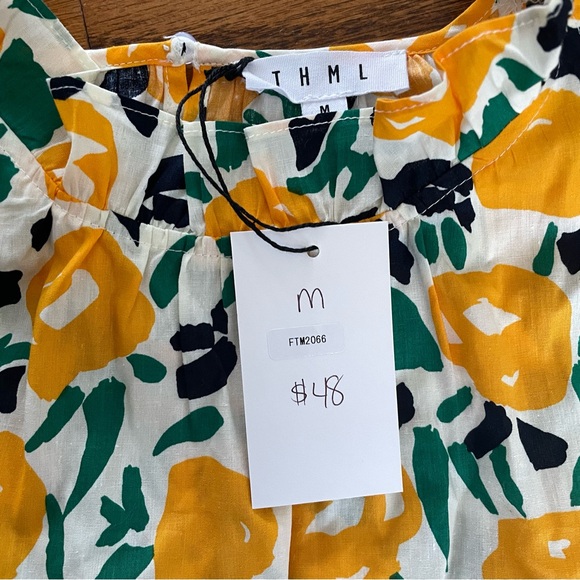 THML Yellow Green Black White Floral Ruffle Sleeve Top Blouse Women’s Medium NWT - Picture 7 of 10